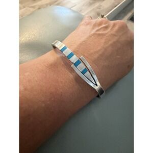 Vintage Sterling Silver 925 Turquoise Blue Mexico Bangle Cuff Hinged Bracelet